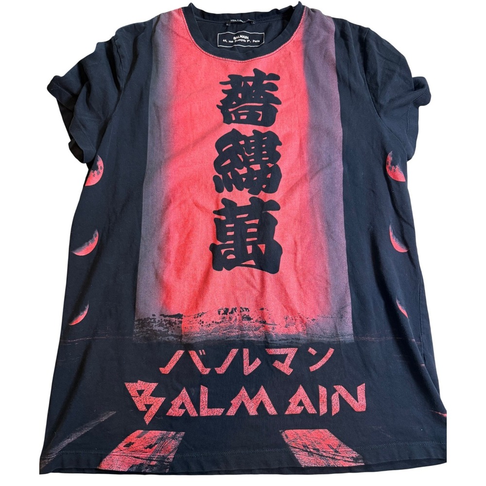 Balmain Paris Mens Japanese Graphic T-Shirt Black Red Kanji Logo Tee